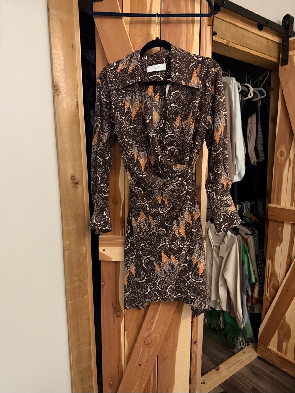 Equipment Brown Floral Long-Sleeve Wrap Dress with Orange Accents